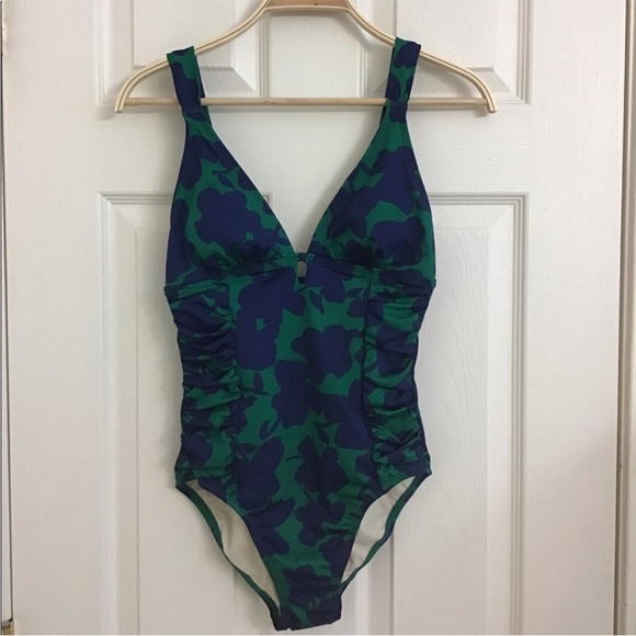 NWOT Lark & Ro S Navy+Green Floral Retro Lined Runched Sides One Piece Swimware - Picture 2 of 4